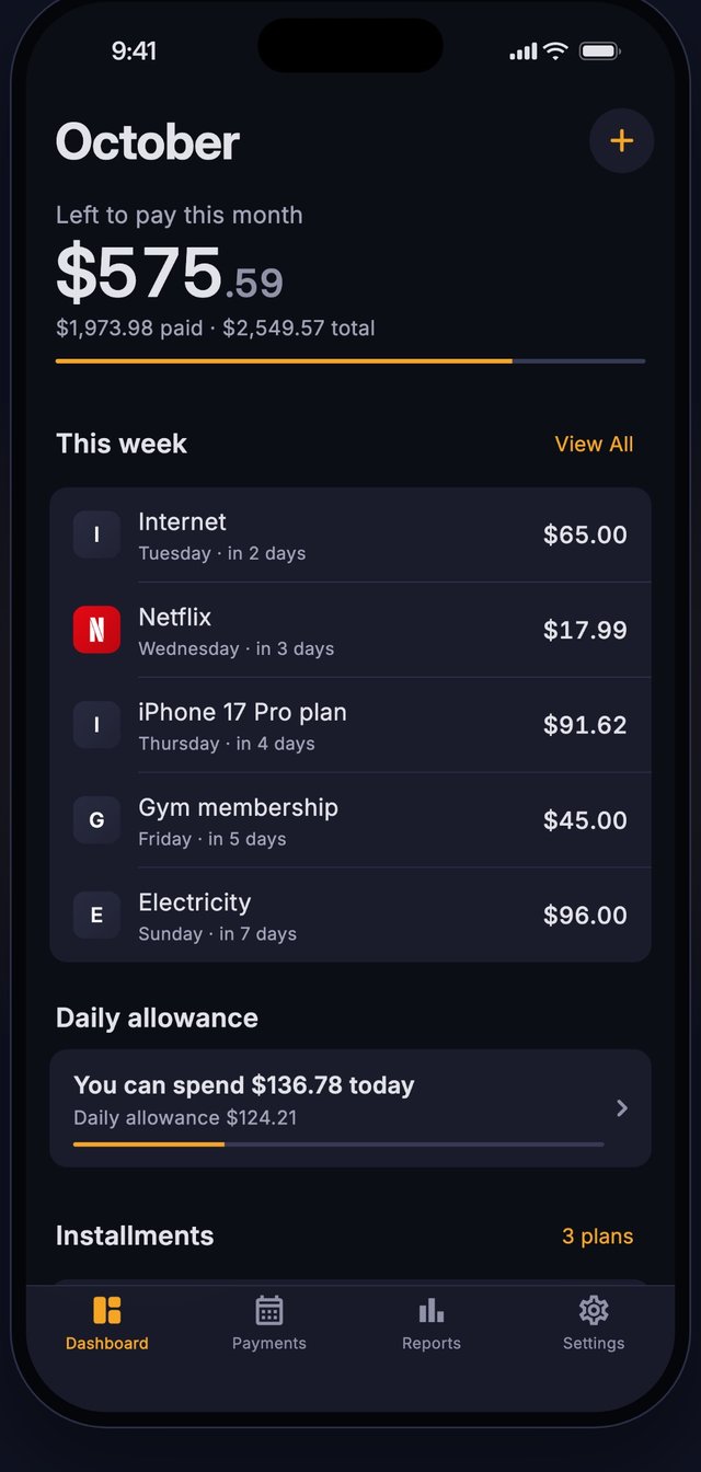 Ödexi dashboard: what is left to pay this month and this week's payments