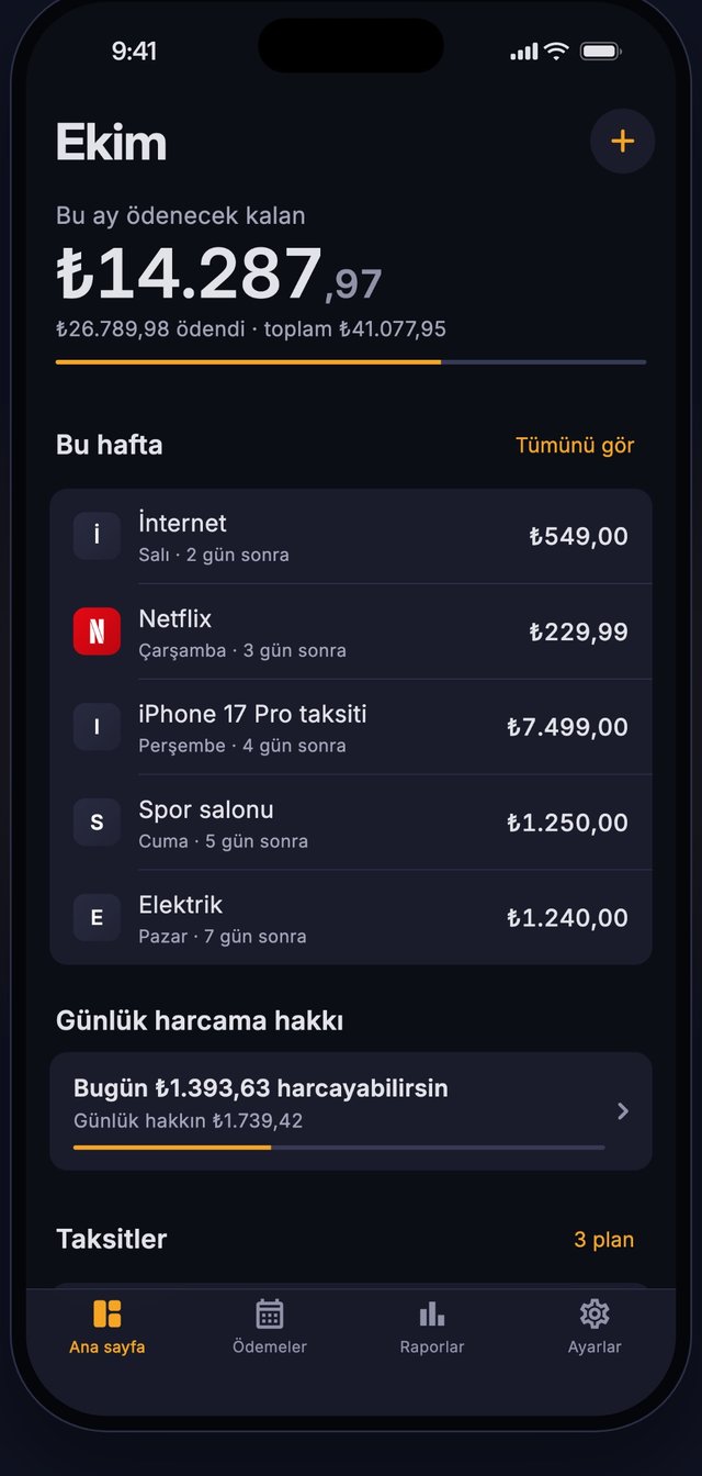 Ödexi ana sayfası: bu ay ödenecek kalan tutar ve bu haftanın ödemeleri